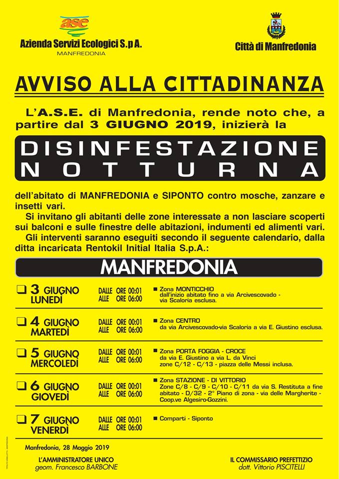 DAL 3 GIUGNO PARTE LA DISINFESTAZIONE