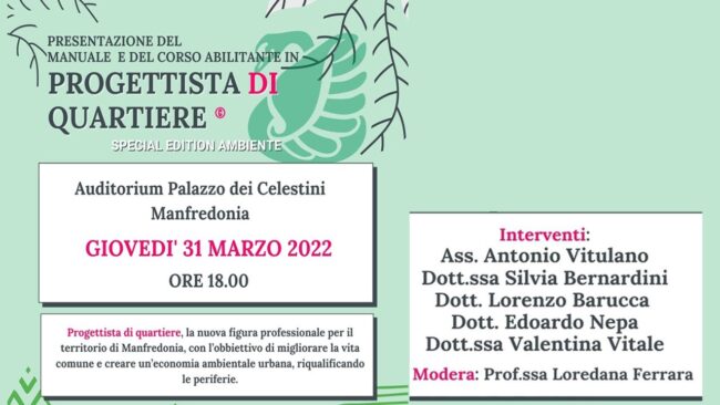 PRESENTAZIONE DEL MANUALE E DEL CORSO ABILITANTE IN PROGETTISTA DI QUARTIERE in diretta ore 18.30